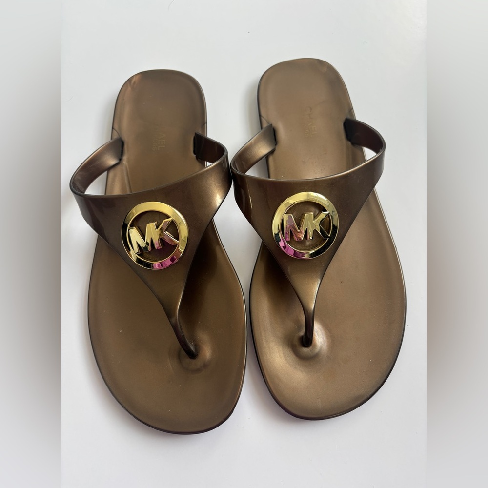 Michael Kors Metallic Brown Logo Jelly Thong Sandals